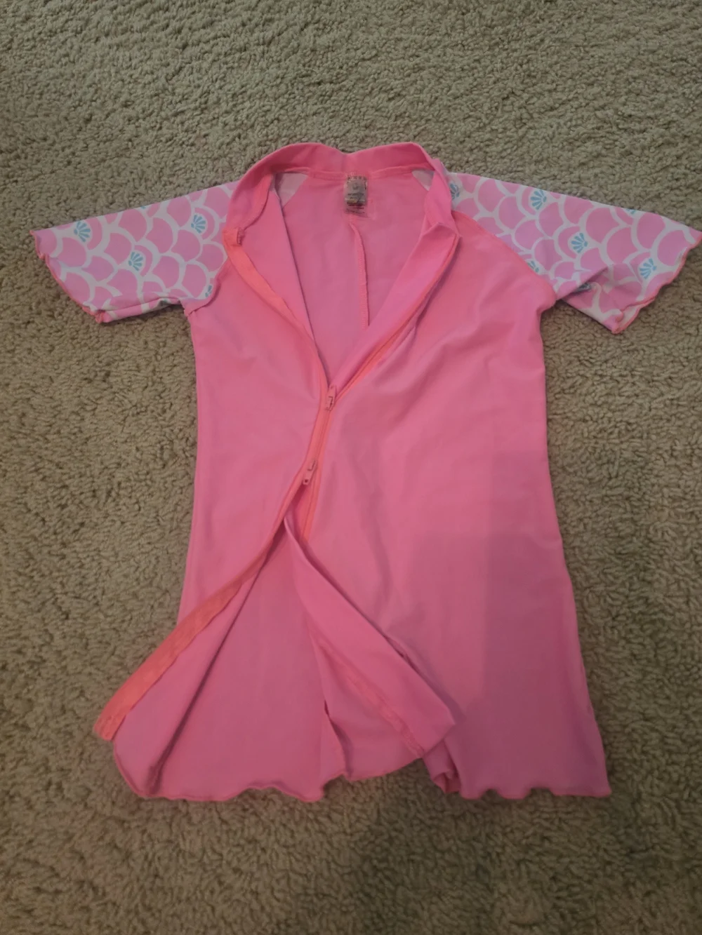 Girls Pink Short-Sleeve Zip-Front Rashguard Swim Suit
